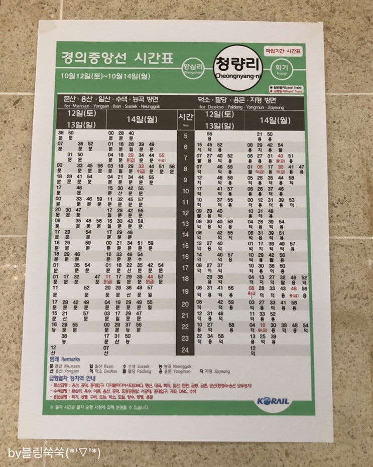 지하철 파업기간 경의중앙선 지하철 시간표(12일~14일)- 청량리역 기준