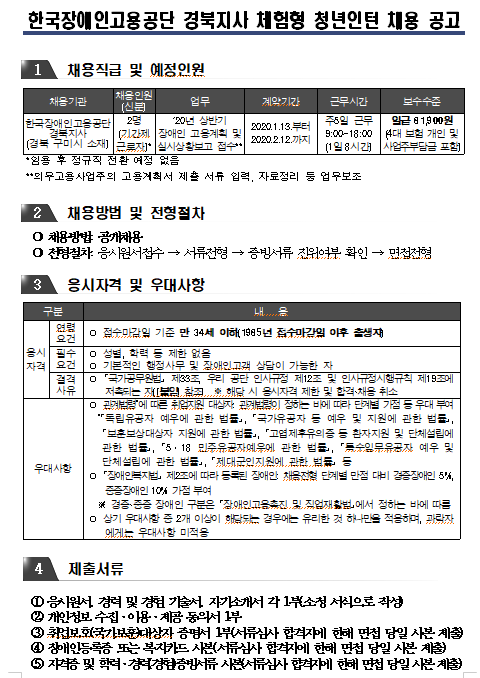 [채용][한국장애인고용공단] 경북지사 청년인턴(체험형) 채용 공고