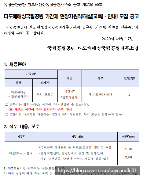 [채용][국립공원공단] [다도해] 2020년 다도해해상국립공원 기간제 현장지원직[해설(교육)·안내] 모집 공고