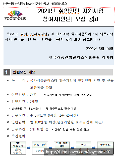 [채용][한국식품산업클러스터진흥원] [공고 제2020-31호] 2020년 취업인턴 지원사업 참여자(인턴) 모집 공고