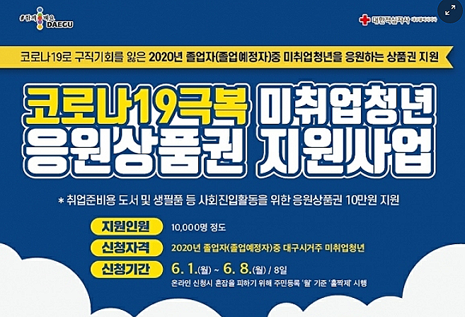 대구시 미취업청년에게 10만원 응원상품권 지원.