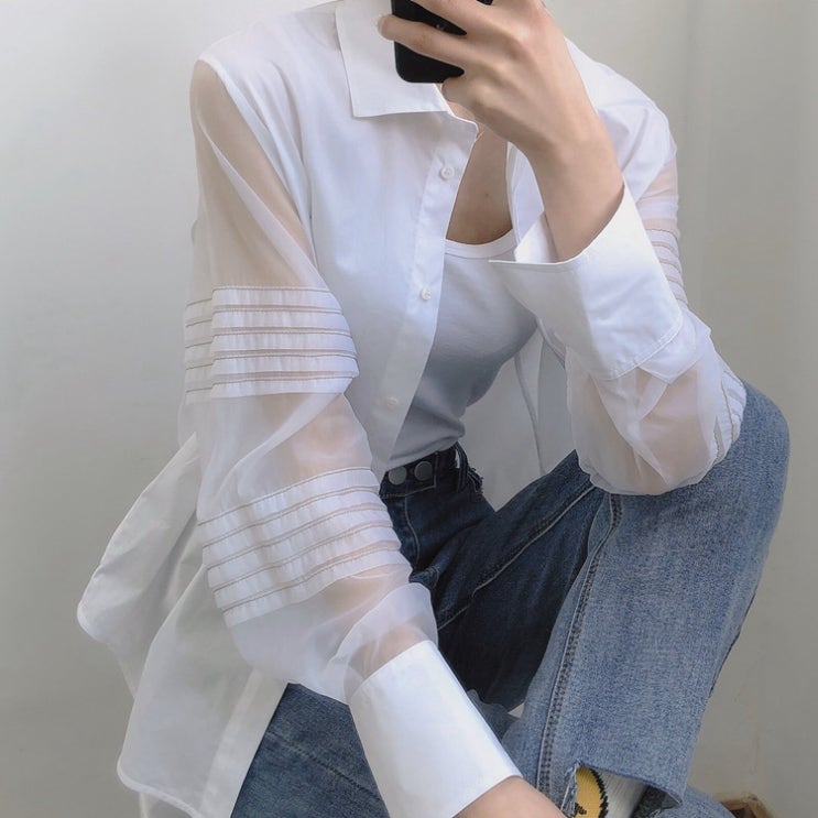 브루넬로 쿠치넬리 소매 시스루 실크 블라우스 셔츠