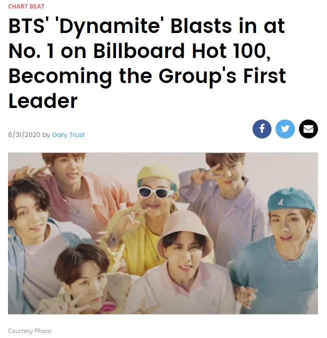 축하! BTS(방탄소년단) '다이너마이트'가 빌보드 핫 100, 1 위 달성했습니다.