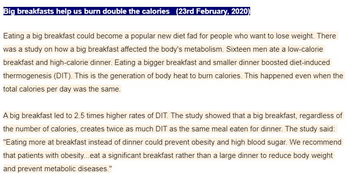 English article 1 - Big breakfasts help us burn double the calories  영자신문해석/요약