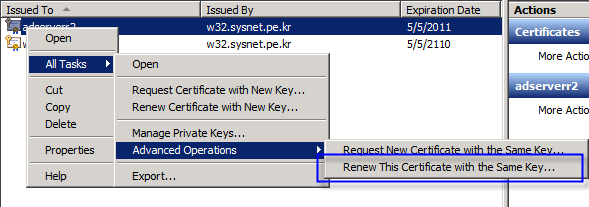인증서 갱신 오류 The request contains no certificate template information