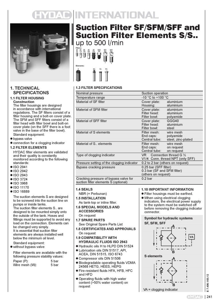 하이닥 HYDAC 석션 필터 SF , SFM , SFF 시리즈 (SUCTION FILTER SF , SFM , SFF