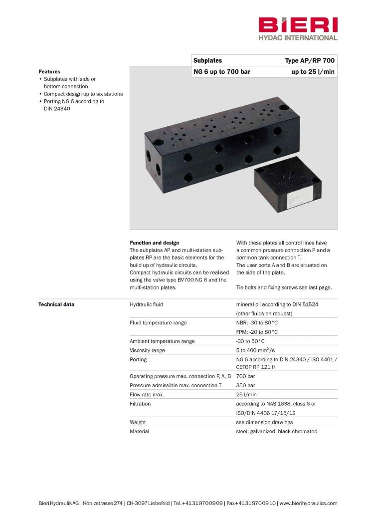 비에리 BIERI 서브 플레이트 AP700 , RP700 시리즈 (SUBPLATE AP700 , RP700 SERIES ...
