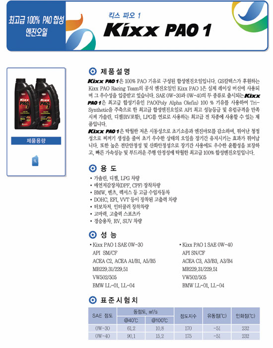 Kixx Pao 1 0W30, 0W40 : 네이버 블로그