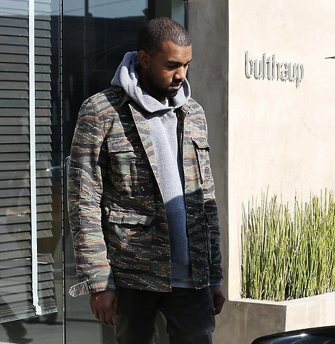 Kanye West wearing A.P.C Tiger Camo Jacket in Beverly Hills