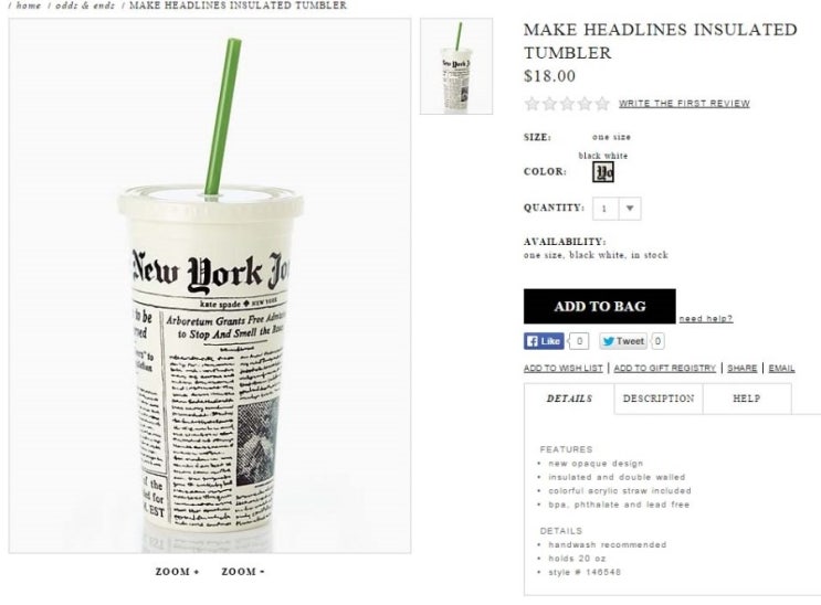 케이드스페이드 텀블러 $18 무료배송 Kate Spade MAKE HEADLINES INSULATED TUMBLER : 네이버 블로그
