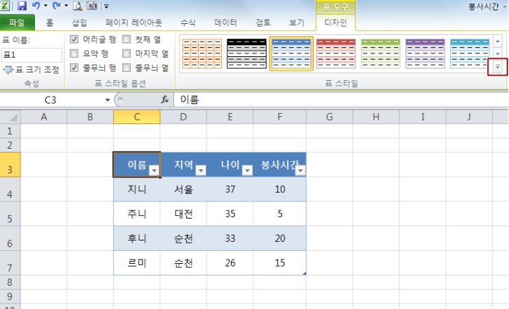 175. 후니와 엑셀 2010 - 표 스타일 : 네이버 블로그