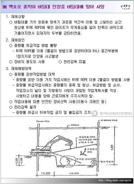 굴삭기(백호우)로 흙막이 버팀대 인양중 버팀대가 기울어지면서 두부 강타하여 사망 : 네이버 블로그