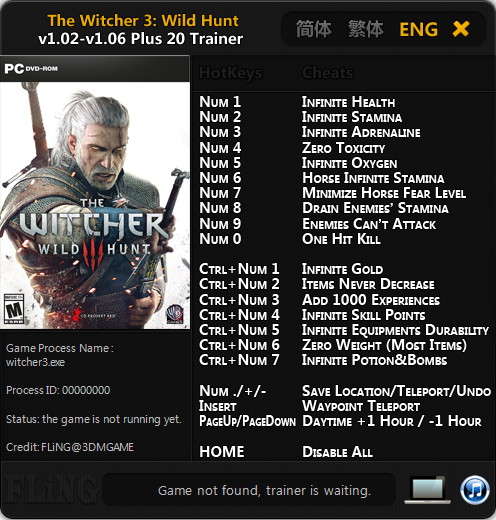 더 위쳐3: 와일드 헌트 트레이너 - The Witcher 3: Wild Hunt v1.02~1.06 +20 Trainer ...