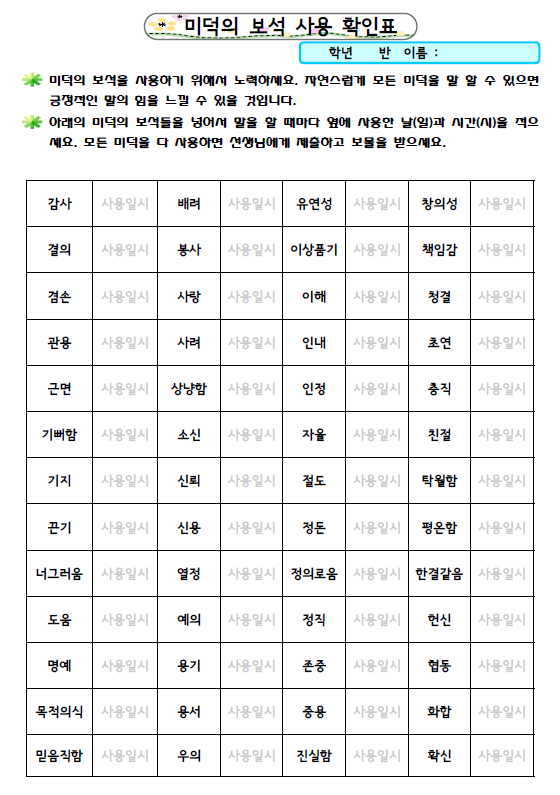 [미덕의 보석 버츄 프로젝트] 미덕의 보석 사용 확인표로 모든 미덕 사용해보기 : 네이버 블로그