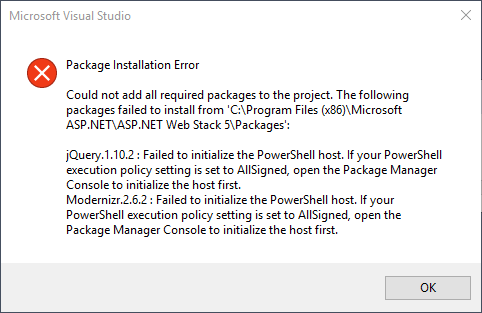 Visual Studio에서 Azure 클라우드 서비스 생성 시 Failed to initialize the PowerShell ...