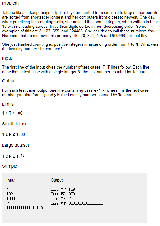 Google Code Jam 2017 Qualification Round B. Tidy Numbers(백준 알고리즘 14791번 ...