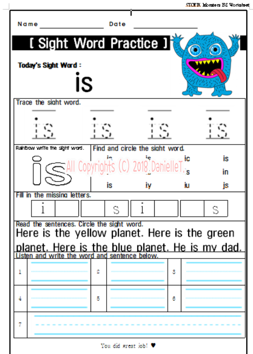 [유아영어자료] 사이트워드 워크시트, SIGHTWORDS WORKSHEET (LIST A)_ is : 네이버 블로그