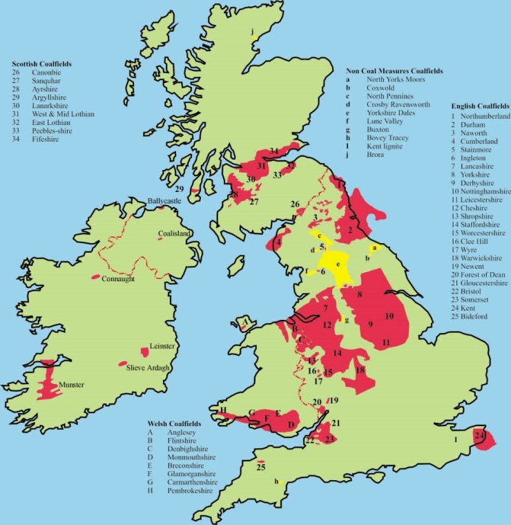 Map of coal and iron ore deposits in Great Britain