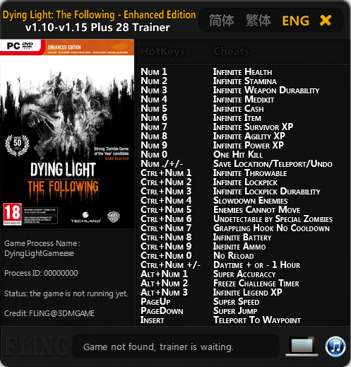다잉 라이트: 더팔로잉 트레이너 - Dying Light: The Following v1.10-v1.15 +28 Trainer