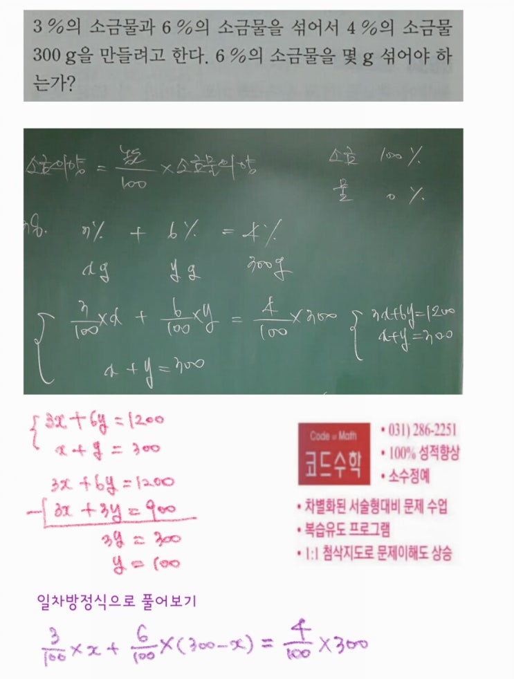 연립방정식의 활용 소금물 문제 (소금의양 소금물의 농도 소금물의양 구하기) : 네이버 블로그