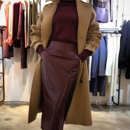 Camel cashmere trench coat + Burgundy leather skirt