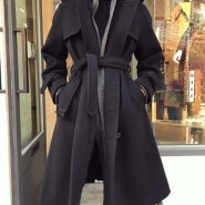 Black cashmere trench coat + Gray check wool suit