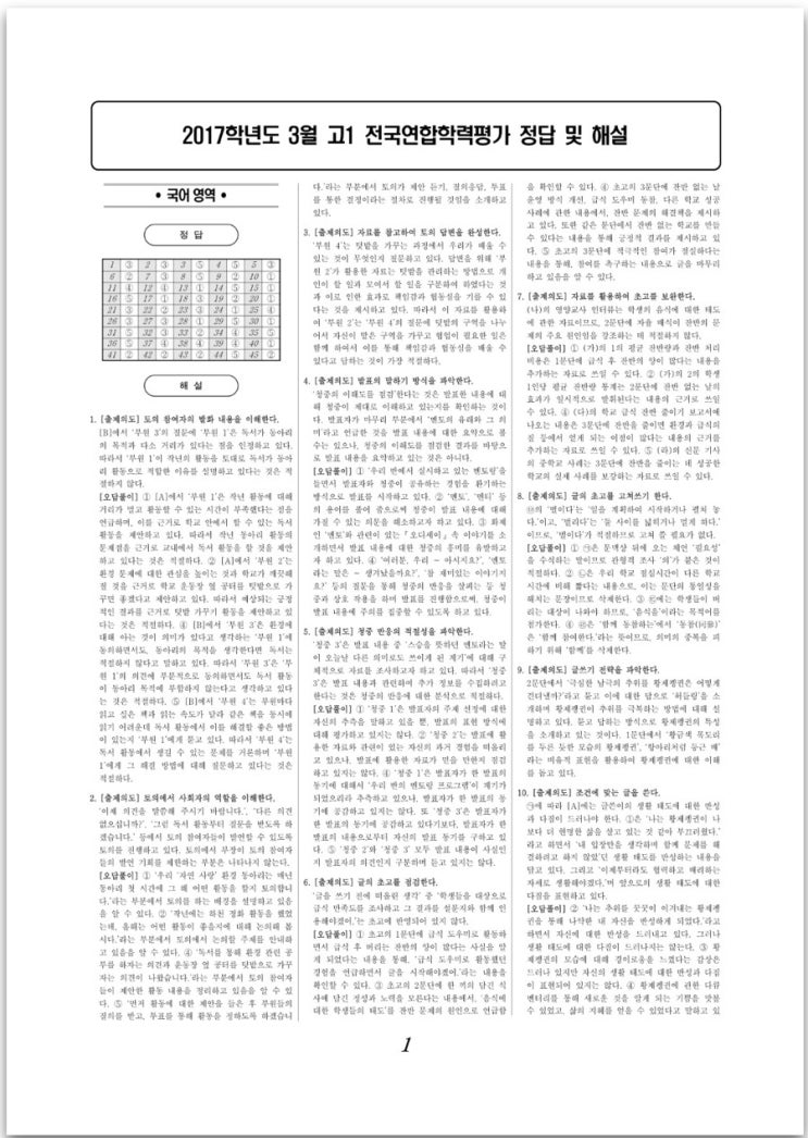 2017 고1 3월 모의고사 답지 (전과목) : 네이버 블로그