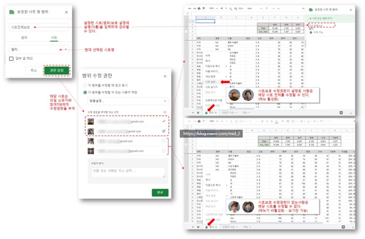 공유자(공동작업자)간의 시트 보호,시트 잠금,셀 보호,셀 잠금 활용 - 구글 드라이브의 협업기능 – (4), 엑셀 시트보호,엑셀 시트잠금,엑셀 셀보호,엑셀 셀잠금,G suite : 네이버 블로그