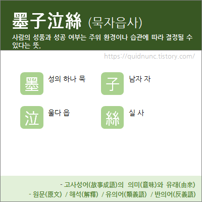 墨子泣絲(묵자읍사) – 사람의 성품과 성공 여부는 주위 환경이나 습관에 따라 결정될 수 있다는 뜻. : 네이버 블로그