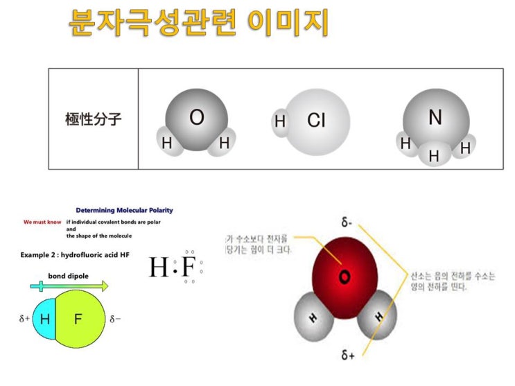 극성, 비극성, 쌍극자 모멘트, 전기음성도, 정전기적 인력, 분극,용해도, 공유전자쌍, 반데르발스 힘(배향력.유도력.분산력 ...