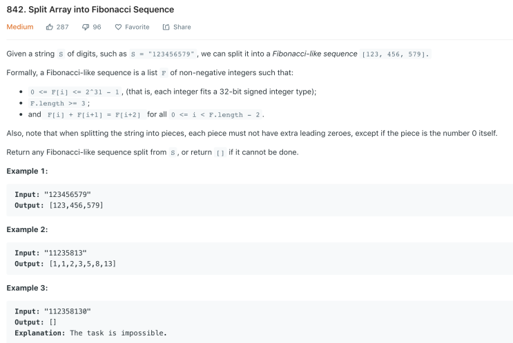 LeetCode 842. Split Array into Fibonacci Sequence - Backtracking : 네이버 블로그