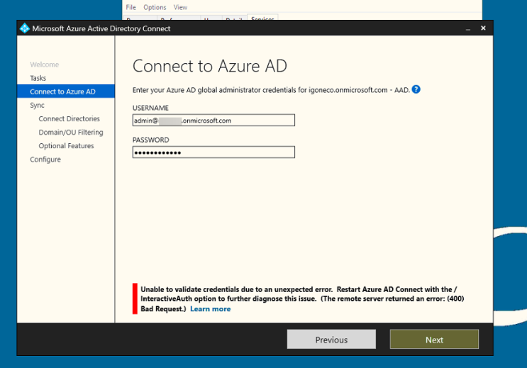 [Office365] Azure AD Connect 동기화 오류 "The remote server returned an ...