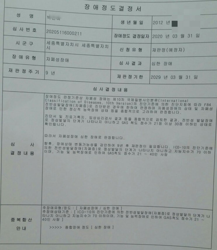 장애정도결정서/ 심한 장애, 재판정주기 9년 : 네이버 블로그