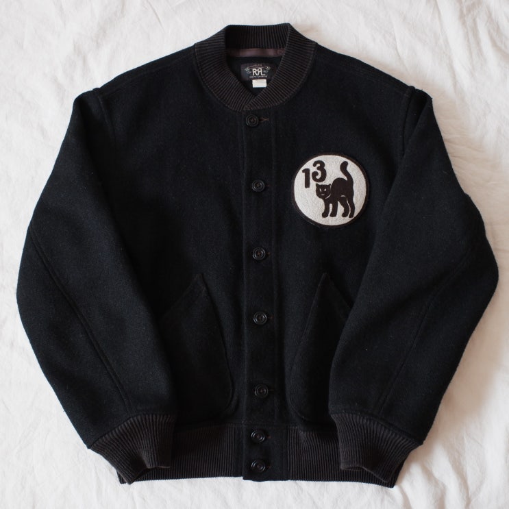 RRL Dixon 13 Black Cats Wool Varsity Jacket 더블알엘 블랙캣 바시티