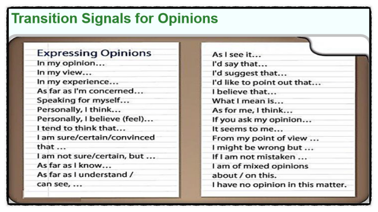 의견 전환표현 영어로 Transition Signals:In my opinion,I'm not sure,As far as,I'd ...
