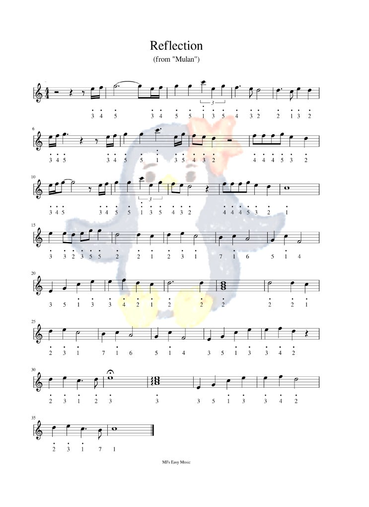뮬란 ost Reflection 리플렉션 칼림바 숫자 악보 : 네이버 블로그