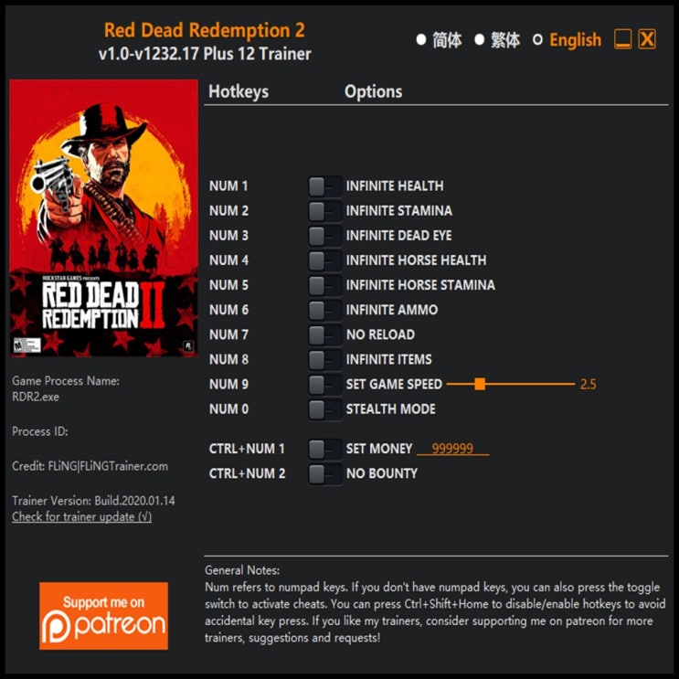 200115-레드 데드 리뎀션 2 트레이너 (Red Dead Redemption 2 Trainer v1.0-v1232.17 ...