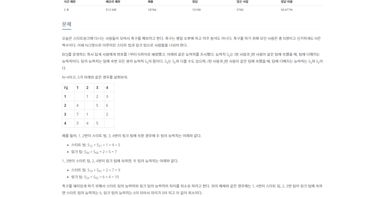 BOJ 14889. 스타트와 링크 : 네이버 블로그