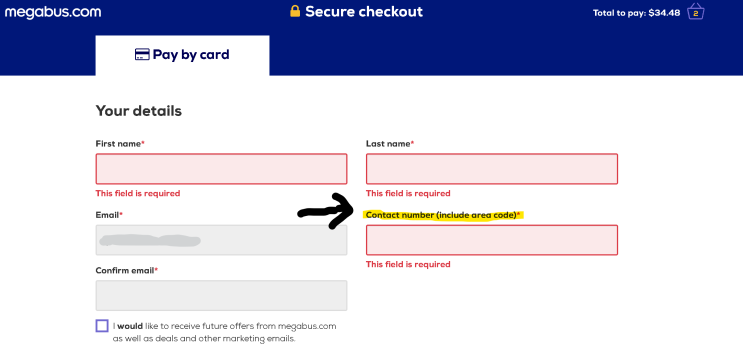 메가버스(Megabus) 예약 - Contact number (include area code), Card security ...