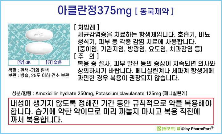 ★[팜포트]-아클란정375mg [동국제약] ( 약품정보 / 복약안내문 )- 항생제(페니실린계) : 네이버 블로그