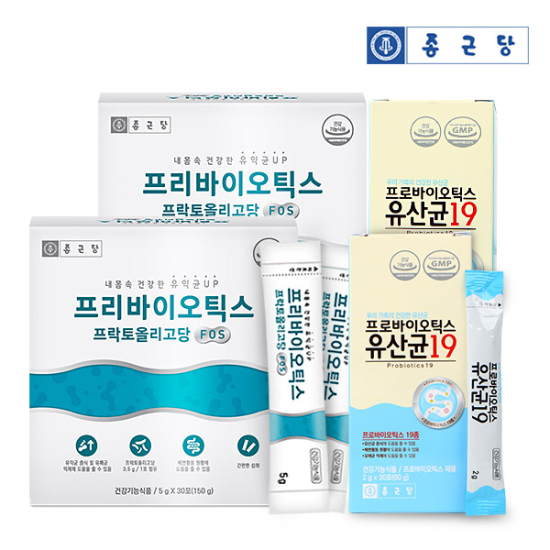 [품절예상][가성비굿][K쇼핑]종근당 프리바이오틱스 프락토올리고당 FOS 2박스+프로바이오틱스 유산균19 30포 2박스 제품을 ...