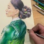 안산 취미미술로 새해 한복입은 여인 색연필 인물화 그리기