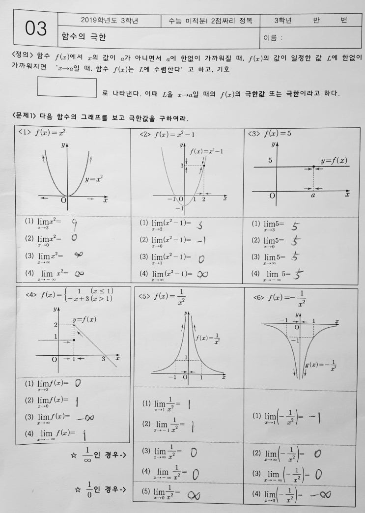 수업일지 : 함수의 극한을 배우는 이유, 수열의 극한과 함수의 극한의 차이, 함수의 극한값이 존재할 필요충분조건, 0/0꼴 ...