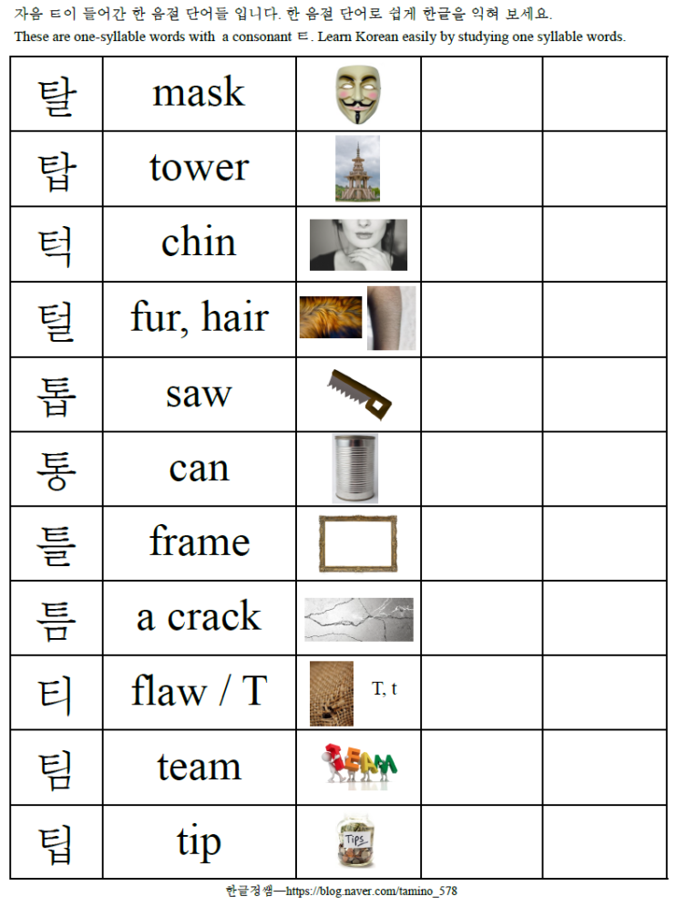 [한 글자 단어]한 글자로 한글 공부 -ㅌ(one-letter word with consonants ㅌ) : 네이버 블로그