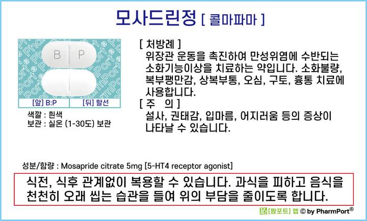 ★[팜포트]-모사드린정 (모사프리드시트르산염이수화물, Mosapride citrate) [콜마파마] ( 약품정보 / 복약안내문 / 생활요법 )-위장관운동조절제 : 네이버 블로그