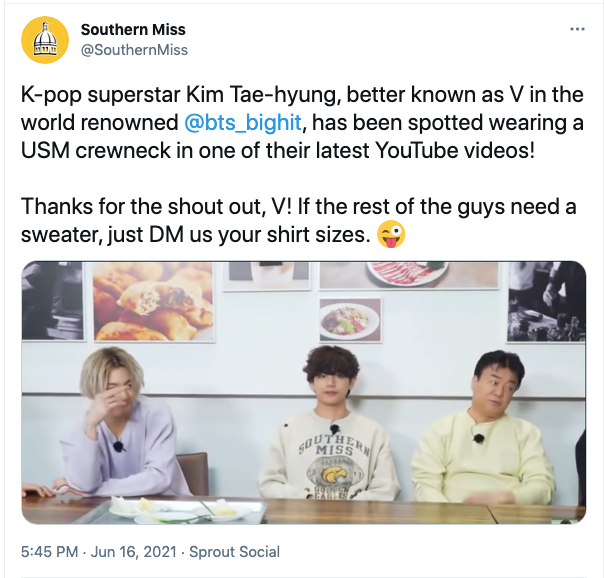 방탄소년단 뷔 attracts attention from The University of Southern Mississippi ...