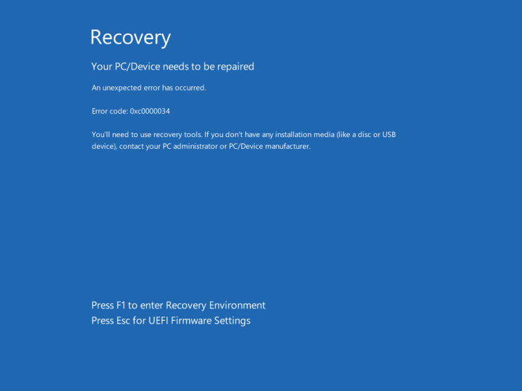 0xc0000034 - Your PC/Device needs to be repaired - PC / 장치를 수리해야 합니다 ... image.