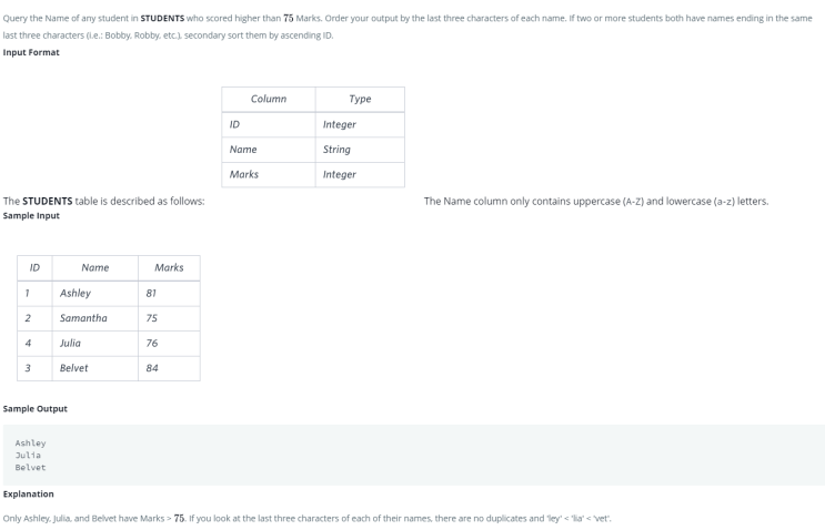 SQL 문제 18 - Higher Than 75 Marks(HackerRank) : 네이버 블로그