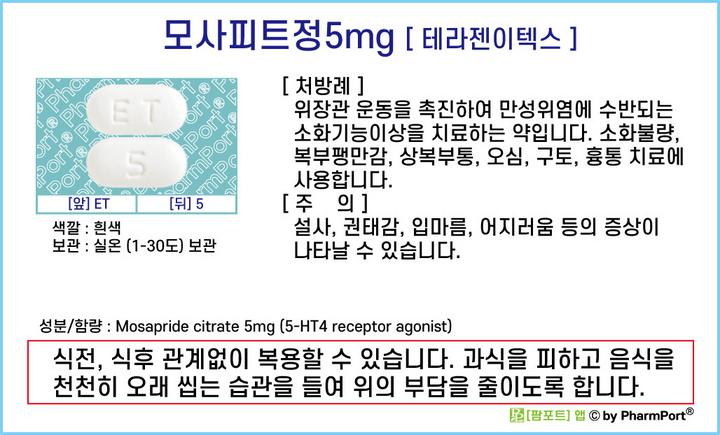 ★[팜포트]-모사피트정5mg (구연산모사프리드, Mosapride citrate) [테라젠이텍스] ( 약품정보 / 복약안내문 / 생활요법 )-위장관운동조절제 : 네이버 블로그