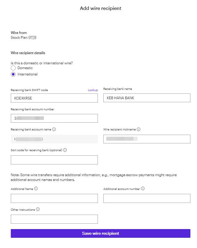 ESPP ETRADE.COM 에서 Add wire recipient 작성 방법 : 네이버 블로그